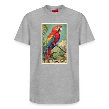 Macaw's Era - Relaxed Unisex Supima Cotton T-Shirt – by SPREAD - heather grey - Front - AI Model Female 172 dark (172cm) & AI Model Male 185 dark (185cm)