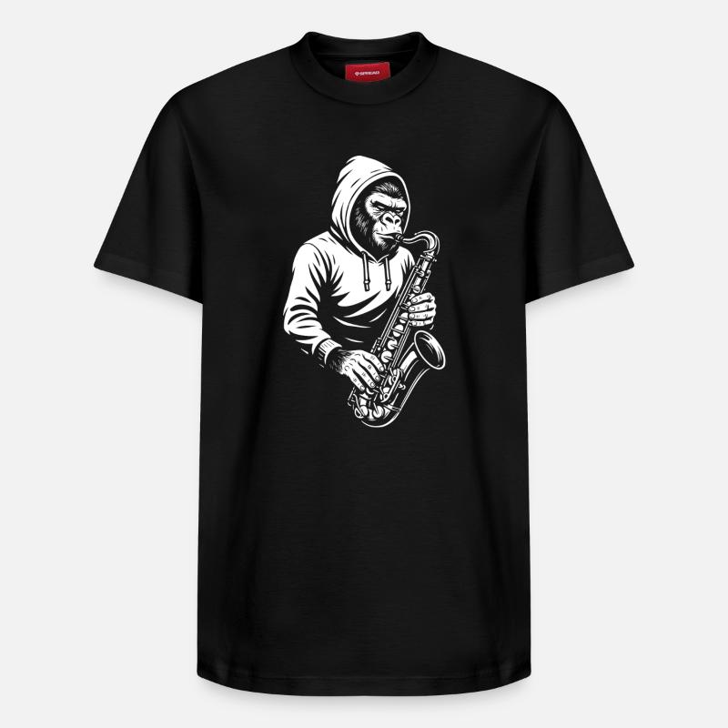 Affe im Kapuzenpullover Saxophon Design - Relaxed Unisex Supima Cotton T-Shirt – von SPREAD - Schwarz