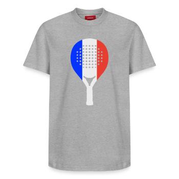 padel-france - Relaxed Unisex Supima Cotton T-Shirt – by SPREAD - heather grey - Front - AI Model Female 172 dark (172cm) & AI Model Male 185 dark (185cm)