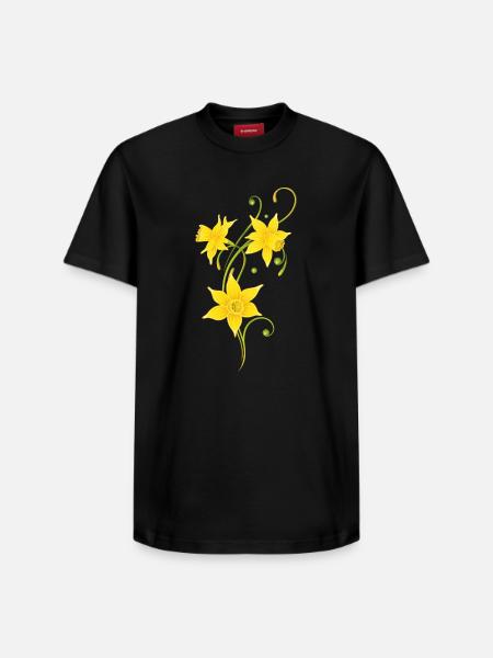 Filigree Daffodils Flowers. Spring, Easter. - Relaxed Unisex Supima Cotton T-Shirt – by SPREAD - black