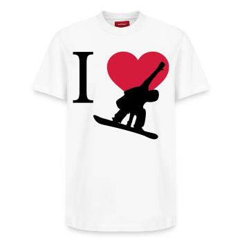 I Love Snowboarding - Relaxed Unisex Supima Cotton T-Shirt – von SPREAD - Weiß - Vorne - AI Model Female 172 dark (172cm) & AI Model Male 185 dark (185cm)