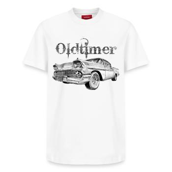 Oldtimer - T-shirt unisexe décontracté en coton Supima – de SPREAD - blanc - Devant - AI Model Female 172 dark (172cm) & AI Model Male 185 dark (185cm)