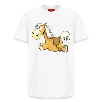 Happy Haflinger Fuchs Horse I Rider Gift - Relaxed Unisex Supima Cotton T-Shirt – by SPREAD - white - Front - AI Model Female 172 dark (172cm) & AI Model Male 185 dark (185cm)