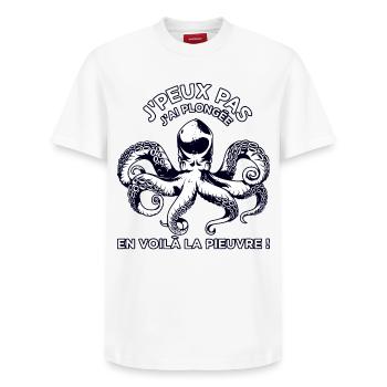 J'Peux Pas J'ai Plongée - T-shirt unisexe décontracté en coton Supima – de SPREAD - blanc - Devant - AI Model Female 172 dark (172cm) & AI Model Male 185 dark (185cm)