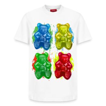 Gummibärchen - Fruchtig - Süssigkeit - Süss - Relaxed Unisex Supima Cotton T-Shirt – von SPREAD - Weiß - Vorne - AI Model Female 172 dark (172cm) & AI Model Male 185 dark (185cm)