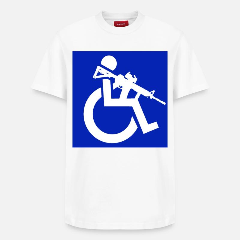 Bild eines Rollstuhlfahrers mit einem Gewehr # - Relaxed Unisex Supima Cotton T-Shirt – von SPREAD - Weiß