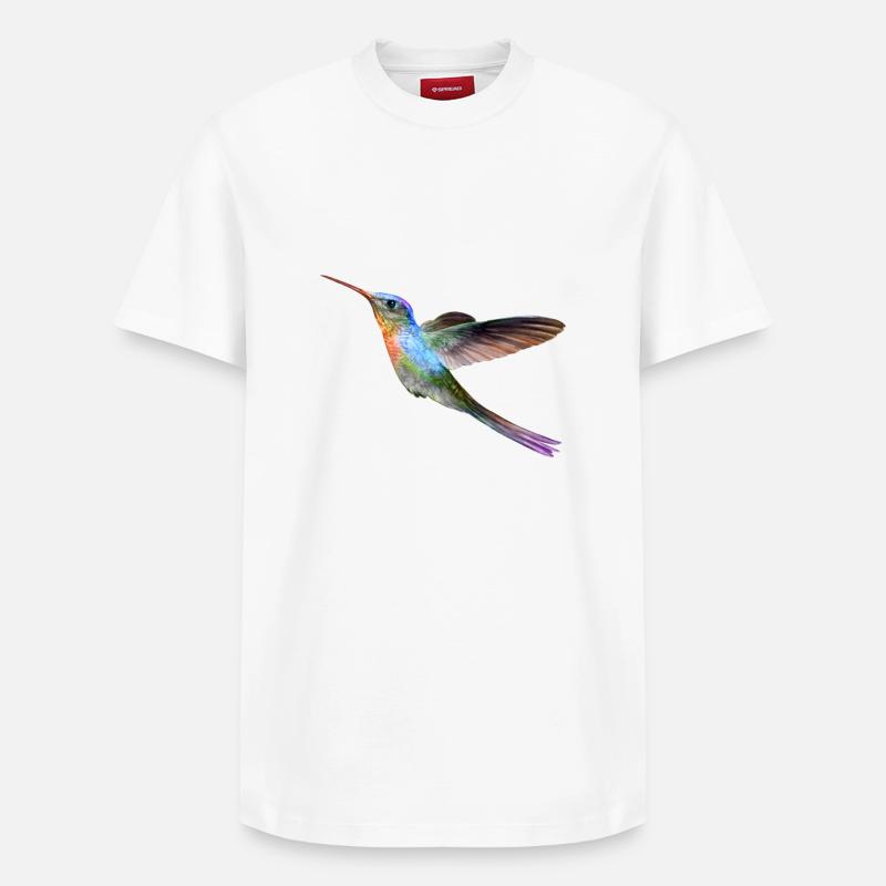 Farbenfroher Kolibri im Flug - Relaxed Unisex Supima Cotton T-Shirt – von SPREAD - Weiß