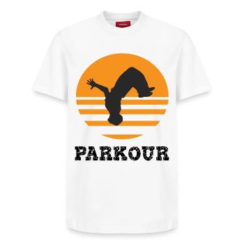 parkour - Relaxed Unisex Supima Cotton T-Shirt – by SPREAD - white - Front - AI Model Female 172 dark (172cm) & AI Model Male 185 dark (185cm)