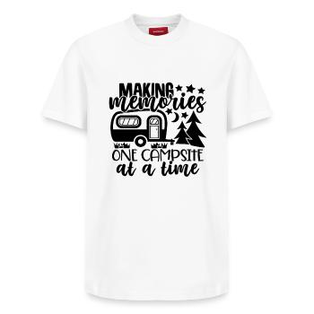 Funny Camping Quotes, Making Memories One Campsite - Relaxed Unisex Supima Cotton T-Shirt – by SPREAD - white - Front - AI Model Female 172 dark (172cm) & AI Model Male 185 dark (185cm)