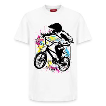 Bmx Racing Retro Bunt - Bmx Fahrrad - Bmx Bike - Relaxed Unisex Supima Cotton T-Shirt – von SPREAD - Weiß - Vorne - AI Model Female 172 dark (172cm) & AI Model Male 185 dark (185cm)