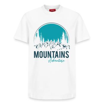 Mountains Adventure - Relaxed Unisex Supima Cotton T-Shirt – by SPREAD - white - Front - AI Model Female 172 dark (172cm) & AI Model Male 185 dark (185cm)