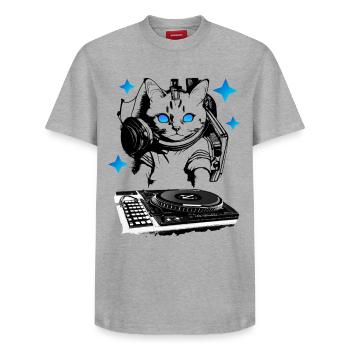 DJ cat with mixer - Relaxed Unisex Supima Cotton T-Shirt – by SPREAD - white - Front - AI Model Female 172 dark (172cm) & AI Model Male 185 dark (185cm)