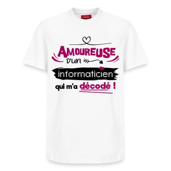 Amoureuse d'un informaticien ! humour geek - T-shirt unisexe décontracté en coton Supima – de SPREAD - blanc - Devant - AI Model Female 172 dark (172cm) & AI Model Male 185 dark (185cm)
