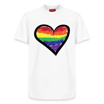 Regenbogen Herz Bisexuell Lgbt Sexualität Gay - Relaxed Unisex Supima Cotton T-Shirt – von SPREAD - Weiß - Vorne - AI Model Female 172 dark (172cm) & AI Model Male 185 dark (185cm)
