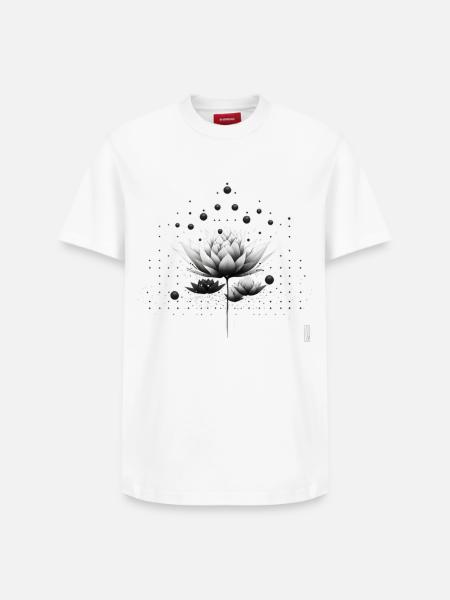 Schwarzweiß Lotus Nebeldesign - Relaxed Unisex Supima Cotton T-Shirt – von SPREAD - Weiß