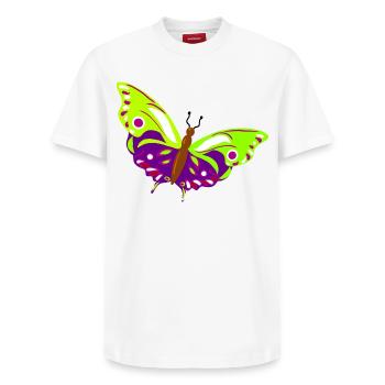 Multicolored butterfly illustration - Relaxed Unisex Supima Cotton T-Shirt – by SPREAD - white - Front - AI Model Female 172 dark (172cm) & AI Model Male 185 dark (185cm)