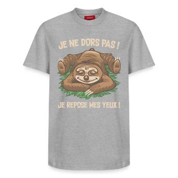 je ne dors pas ! - T-shirt unisexe décontracté en coton Supima – de SPREAD - gris chiné - Devant - AI Model Female 172 dark (172cm) & AI Model Male 185 dark (185cm)