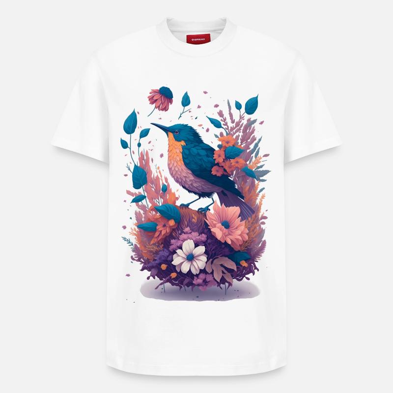 Oiseaux dans un bouquet de fleurs - T-shirt unisexe décontracté en coton Supima – de SPREAD - blanc