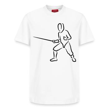 Lustiger Fechter - Relaxed Unisex Supima Cotton T-Shirt – von SPREAD - Weiß - Vorne - AI Model Female 172 dark (172cm) & AI Model Male 185 dark (185cm)