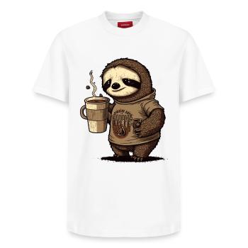 tired sloth with huge coffee mug - Relaxed Unisex Supima Cotton T-Shirt – by SPREAD - white - Front - AI Model Female 172 dark (172cm) & AI Model Male 185 dark (185cm)