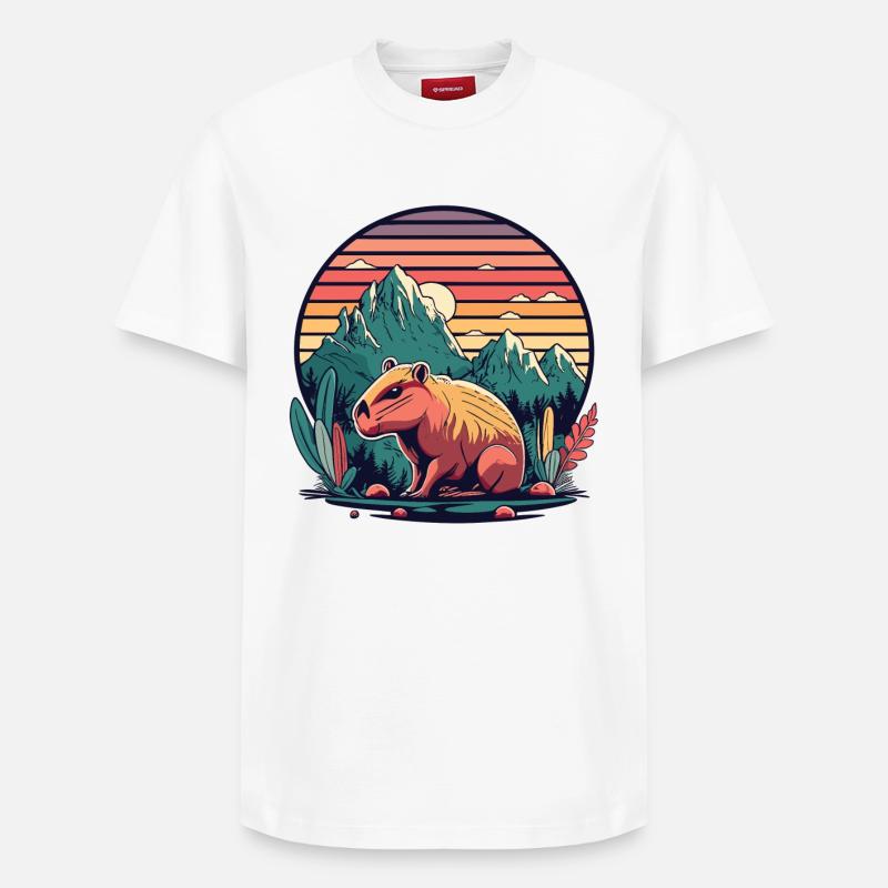 Capybara mit Retro Sunset - Relaxed Unisex Supima Cotton T-Shirt – von SPREAD - Weiß