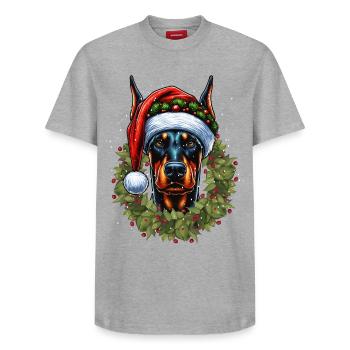 Doberman festif : élégant avec le bonnet du Père Noël - T-shirt unisexe décontracté en coton Supima – de SPREAD - blanc - Devant - AI Model Female 172 dark (172cm) & AI Model Male 185 dark (185cm)