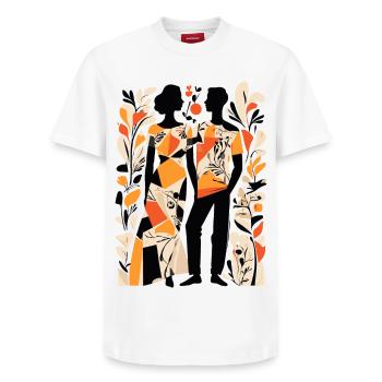 Abstract Art Man and Woman - Relaxed Unisex Supima Cotton T-Shirt – by SPREAD - white - Front - AI Model Female 172 dark (172cm) & AI Model Male 185 dark (185cm)