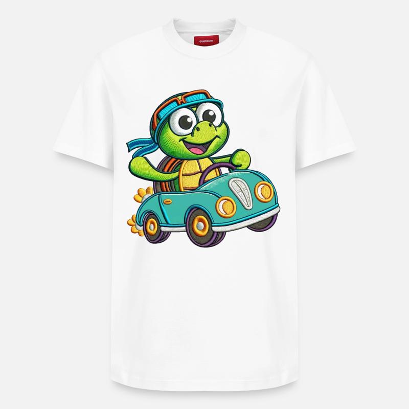 Tortue aventureuse conduisant une voiture - T-shirt unisexe décontracté en coton Supima – de SPREAD - blanc