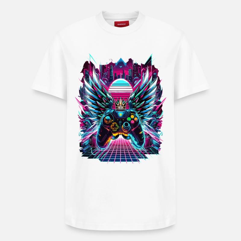 Synthwave Sunset Gamer Controller - Relaxed Unisex Supima Cotton T-Shirt – by SPREAD - white