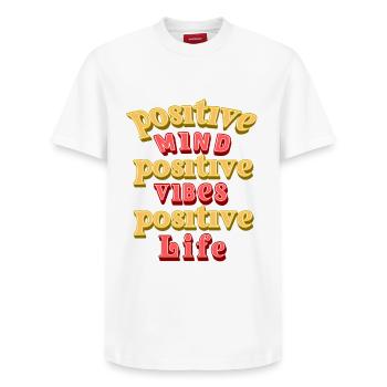 Positive mind positive vibes - Relaxed Unisex Supima Cotton T-Shirt – by SPREAD - white - Front - AI Model Female 172 dark (172cm) & AI Model Male 185 dark (185cm)