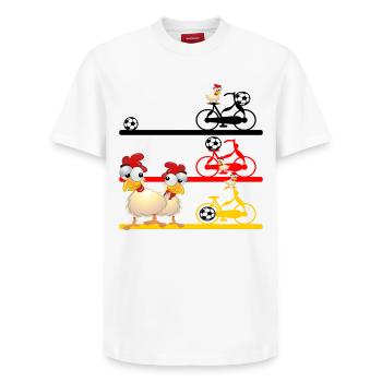 SOCCER BICYCLE CHICKEN COOP CHICKENS - Relaxed Unisex Supima Cotton T-Shirt – by SPREAD - white - Front - AI Model Female 172 dark (172cm) & AI Model Male 185 dark (185cm)