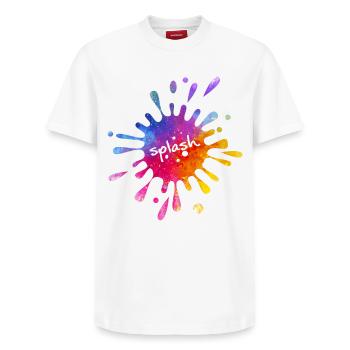 Splash - éclaboussure de couleur colorée - T-shirt unisexe décontracté en coton Supima – de SPREAD - blanc - Devant - AI Model Female 172 dark (172cm) & AI Model Male 185 dark (185cm)