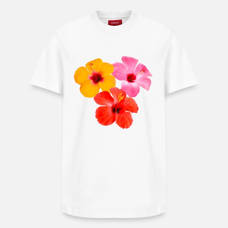 Trio d’hibiscus - Fleurs tropicales - T-shirt unisexe décontracté en coton Supima – de SPREAD - blanc
