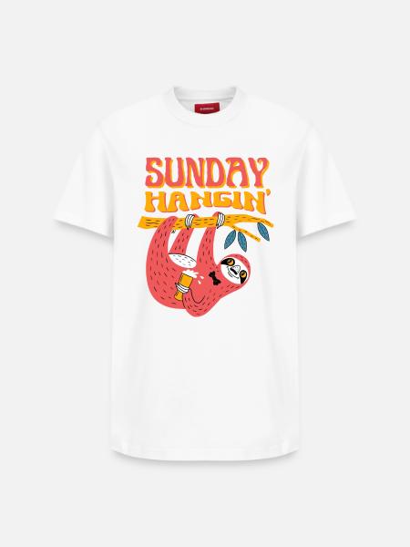 Sunday Hangin' – Funny Sloth Motif - Relaxed Unisex Supima Cotton T-Shirt – by SPREAD - white