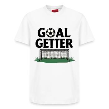 Auteur de buts - T-shirt unisexe décontracté en coton Supima – de SPREAD - blanc - Devant - AI Model Female 172 dark (172cm) & AI Model Male 185 dark (185cm)