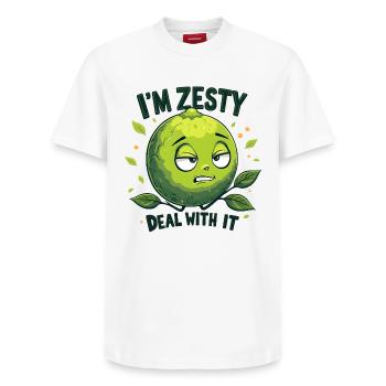 I’m Zesty, Deal With It - Relaxed Unisex Supima Cotton T-Shirt – von SPREAD - Weiß - Vorne - AI Model Female 172 dark (172cm) & AI Model Male 185 dark (185cm)