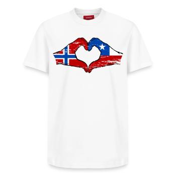 Norwegen Chile Flagge Hände Herzform used - Relaxed Unisex Supima Cotton T-Shirt – von SPREAD - Weiß - Vorne - AI Model Female 172 dark (172cm) & AI Model Male 185 dark (185cm)
