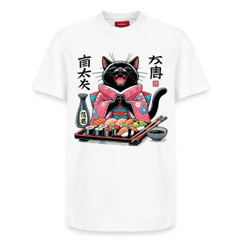 Sushi Cat Kimono Maki Nigiri Gift - Relaxed Unisex Supima Cotton T-Shirt – by SPREAD - white - Front - AI Model Female 172 dark (172cm) & AI Model Male 185 dark (185cm)