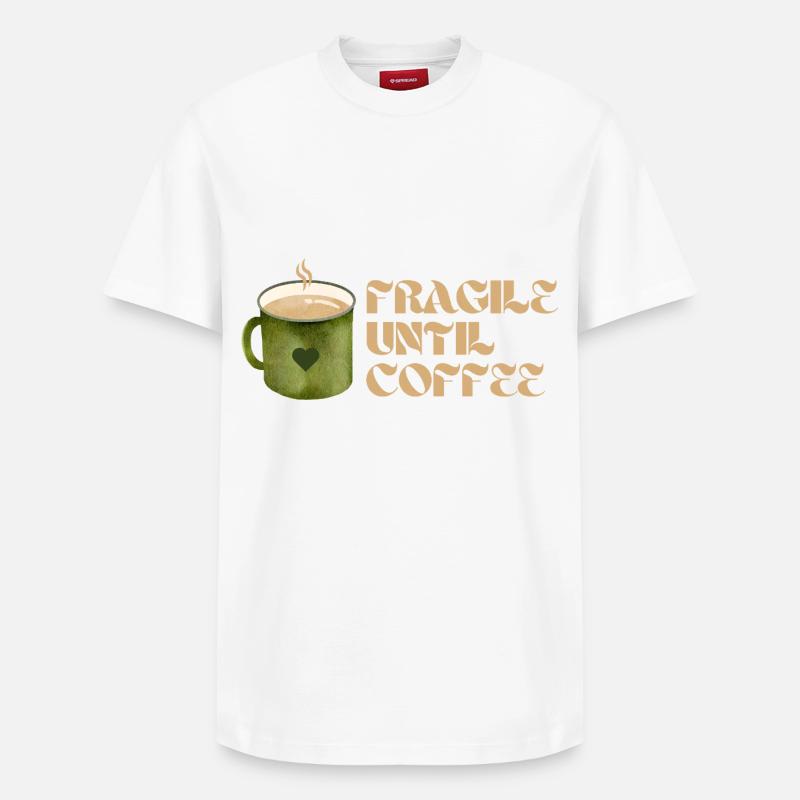 Fragile Until Coffee – Lustiges Kaffee-Design - Relaxed Unisex Supima Cotton T-Shirt – von SPREAD - Weiß