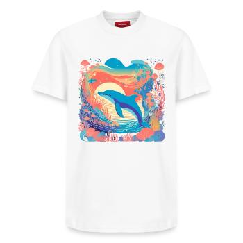 Underwater Rainbow Dolphin - Relaxed Unisex Supima Cotton T-Shirt – by SPREAD - white - Front - AI Model Female 172 dark (172cm) & AI Model Male 185 dark (185cm)