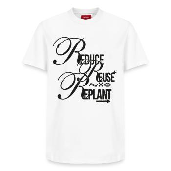 Sustainability Script – Reduce Reuse Replant - Relaxed Unisex Supima Cotton T-Shirt – by SPREAD - white - Front - AI Model Female 172 dark (172cm) & AI Model Male 185 dark (185cm)