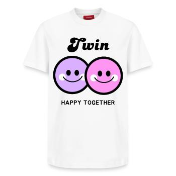 Cheerful twins faces "Twin" Together girl - Relaxed Unisex Supima Cotton T-Shirt – by SPREAD - white - Front - AI Model Female 172 dark (172cm) & AI Model Male 185 dark (185cm)