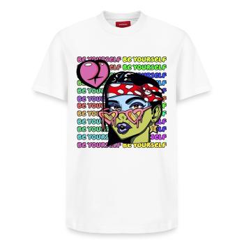 Soyez vous-même - T-shirt unisexe décontracté en coton Supima – de SPREAD - blanc - Devant - AI Model Female 172 dark (172cm) & AI Model Male 185 dark (185cm)