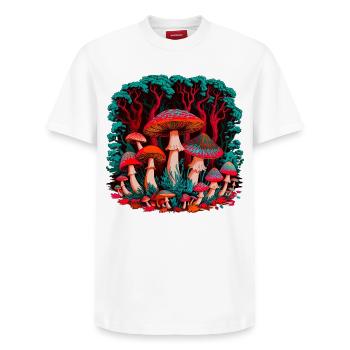 Imaginative mushroom world in the forest - Relaxed Unisex Supima Cotton T-Shirt – by SPREAD - white - Front - AI Model Female 172 dark (172cm) & AI Model Male 185 dark (185cm)
