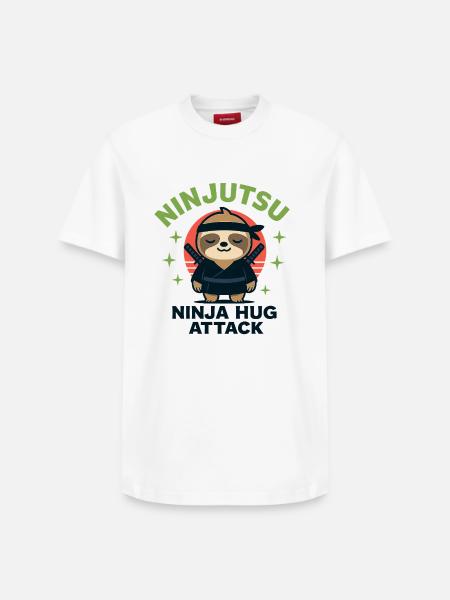 Ninja Cuddle Sloth HugAttack - Relaxed Unisex Supima Cotton T-Shirt – by SPREAD - white