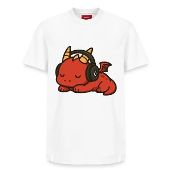 Cute Cartoon Red Dragon Sleeping with Headphones - Relaxed Unisex Supima Cotton T-Shirt – by SPREAD - white - Front - AI Model Female 172 dark (172cm) & AI Model Male 185 dark (185cm)