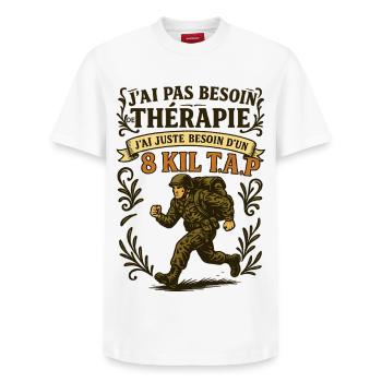 Brauchen Sie einen 8 Kil TAP, keine Therapie! - Relaxed Unisex Supima Cotton T-Shirt – von SPREAD - Weiß - Vorne - AI Model Female 172 dark (172cm) & AI Model Male 185 dark (185cm)