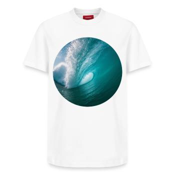 Dynamic ocean wave print - Relaxed Unisex Supima Cotton T-Shirt – by SPREAD - white - Front - AI Model Female 172 dark (172cm) & AI Model Male 185 dark (185cm)