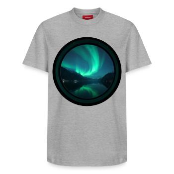 Northern Lights over Silent Fjord - Relaxed Unisex Supima Cotton T-Shirt – by SPREAD - white - Front - AI Model Female 172 dark (172cm) & AI Model Male 185 dark (185cm)
