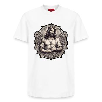 Saint Mary Artistic Illustration - Relaxed Unisex Supima Cotton T-Shirt – by SPREAD - white - Front - AI Model Female 172 dark (172cm) & AI Model Male 185 dark (185cm)